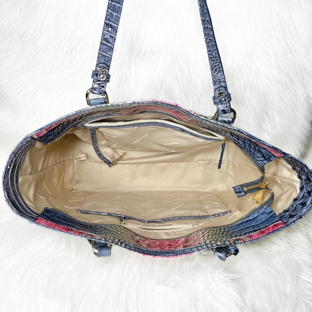 SOLD-Brahmin Iridescent Oil Slick Ombre Blue Pink Croc Leather Shoulder Bag - Picture 6 of 12